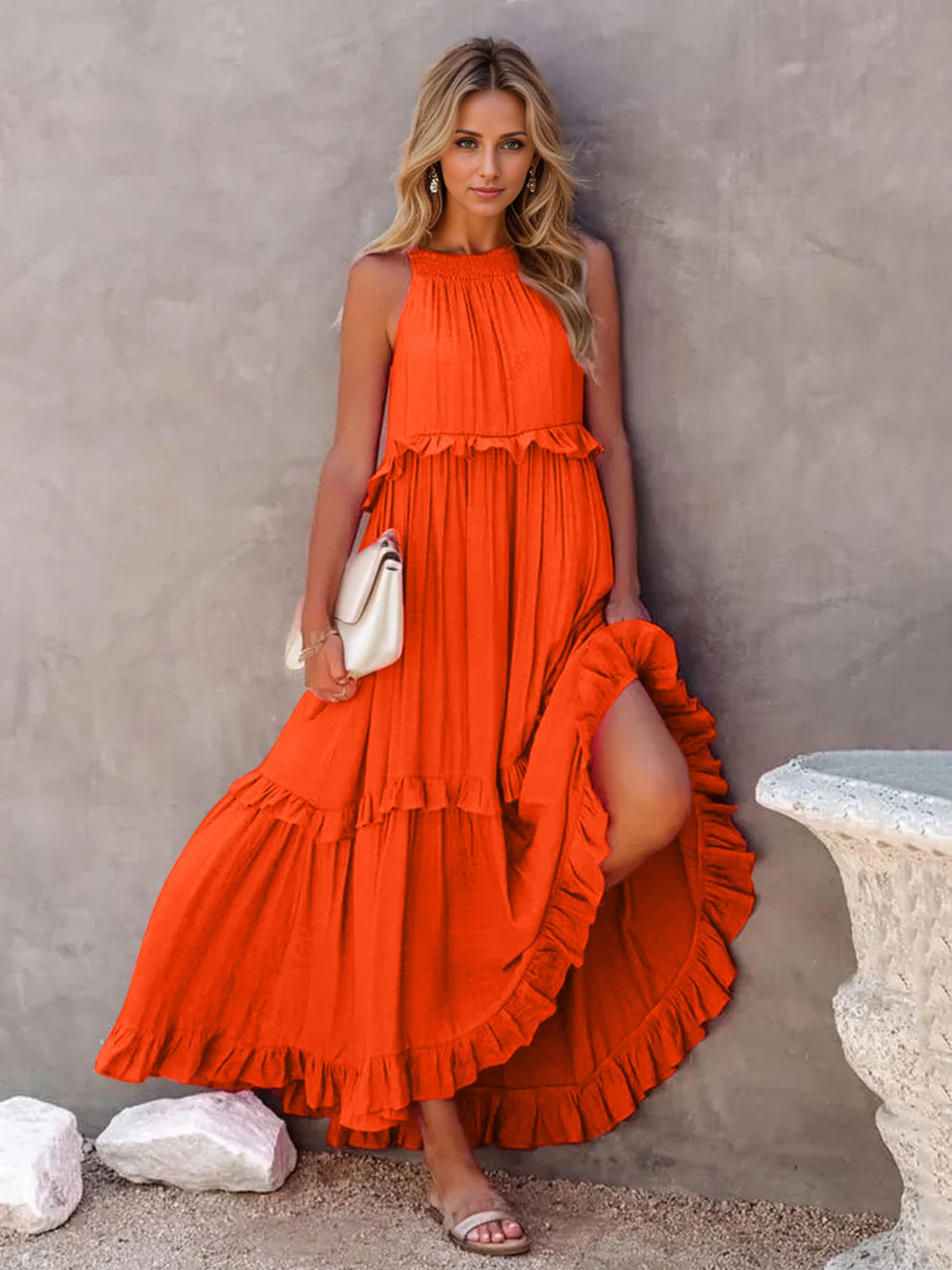 Ruffled Sleeveless Tiered Maxi Dress with Pockets Orange-Red