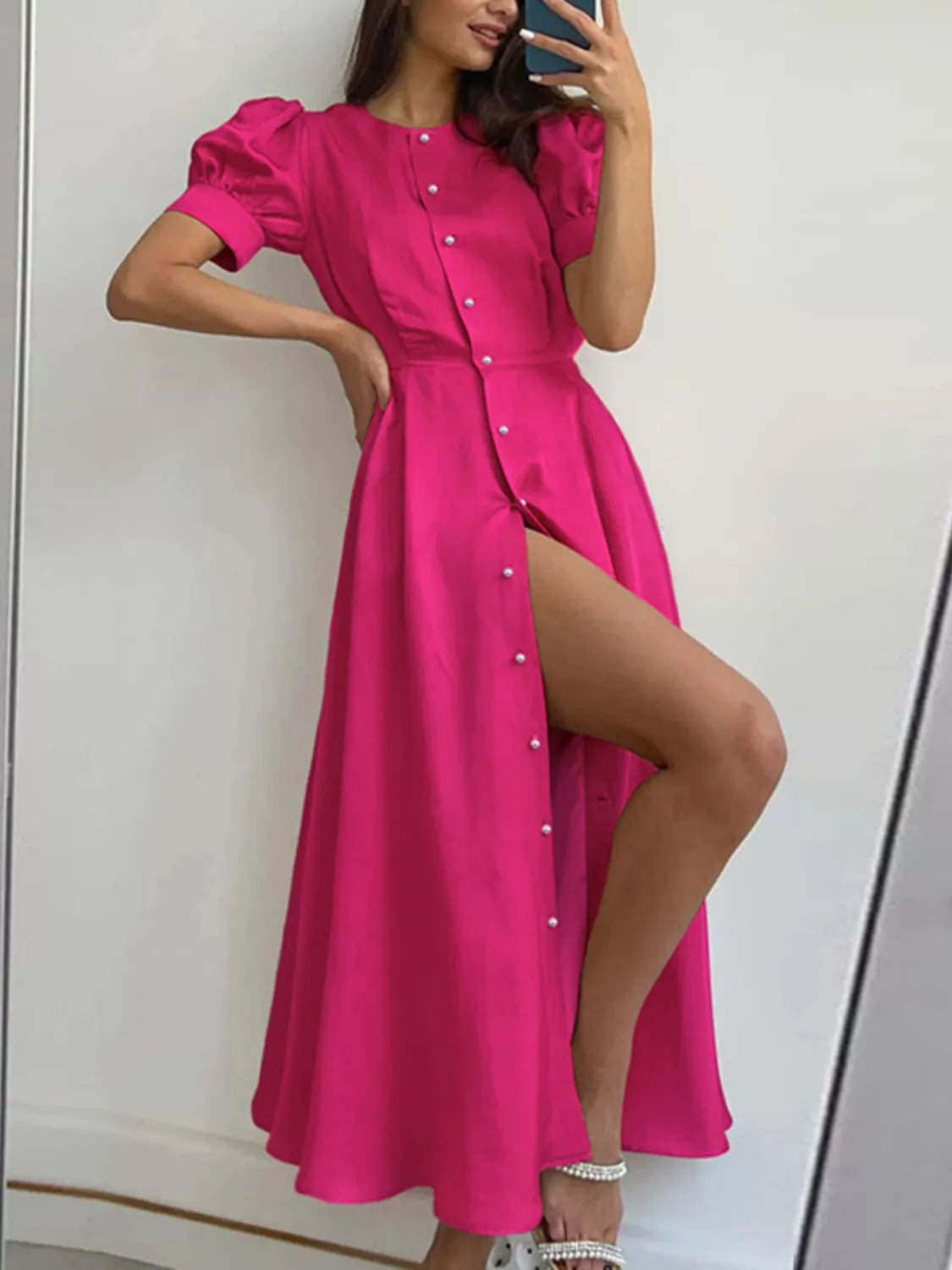 Button Down Short Sleeve Dress Hot Pink
