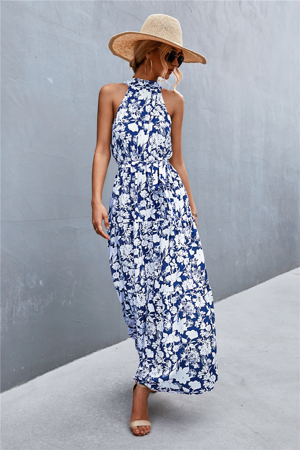 Printed Sleeveless Tie Waist Maxi Dress Blue Floral