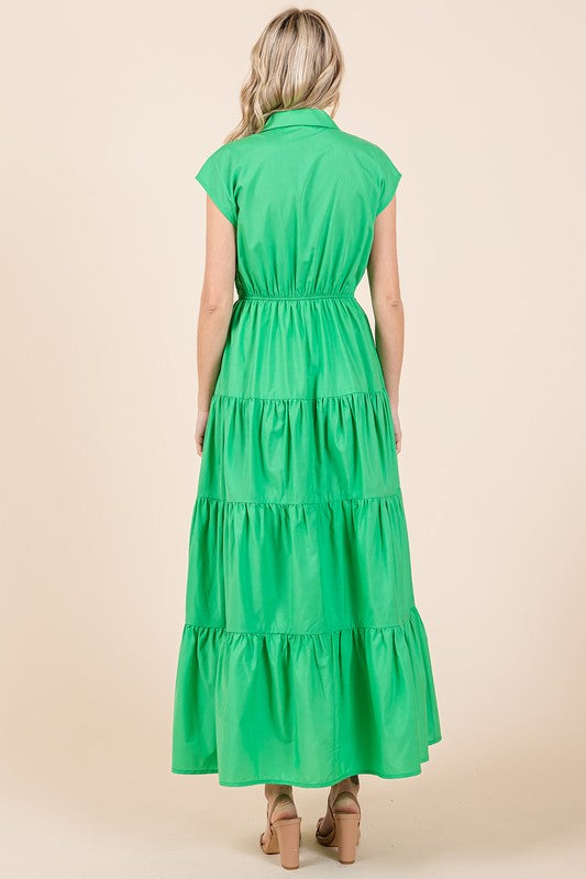 Mittoshop Button Up Collared Tiered Maxi Shirt Dress