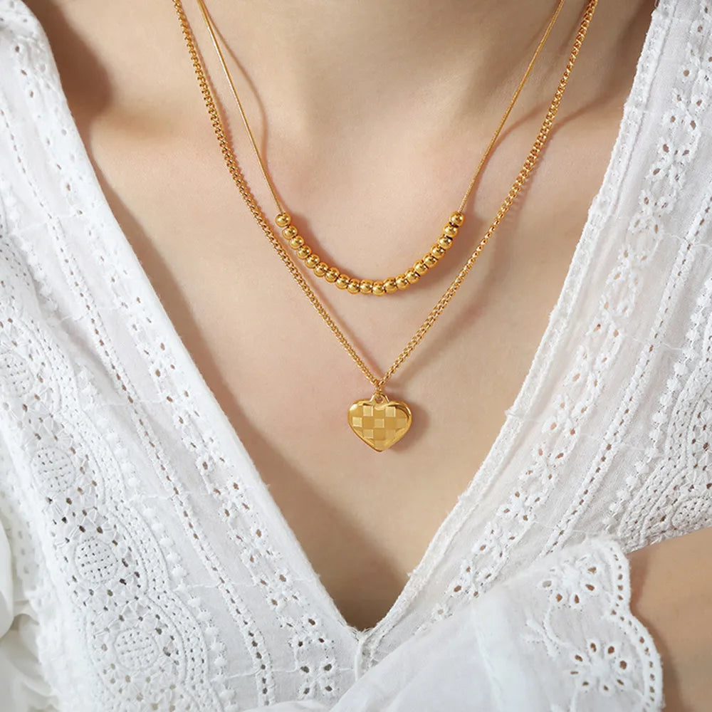 Heart Pendant Double-Lrayed Necklace Gold One Size