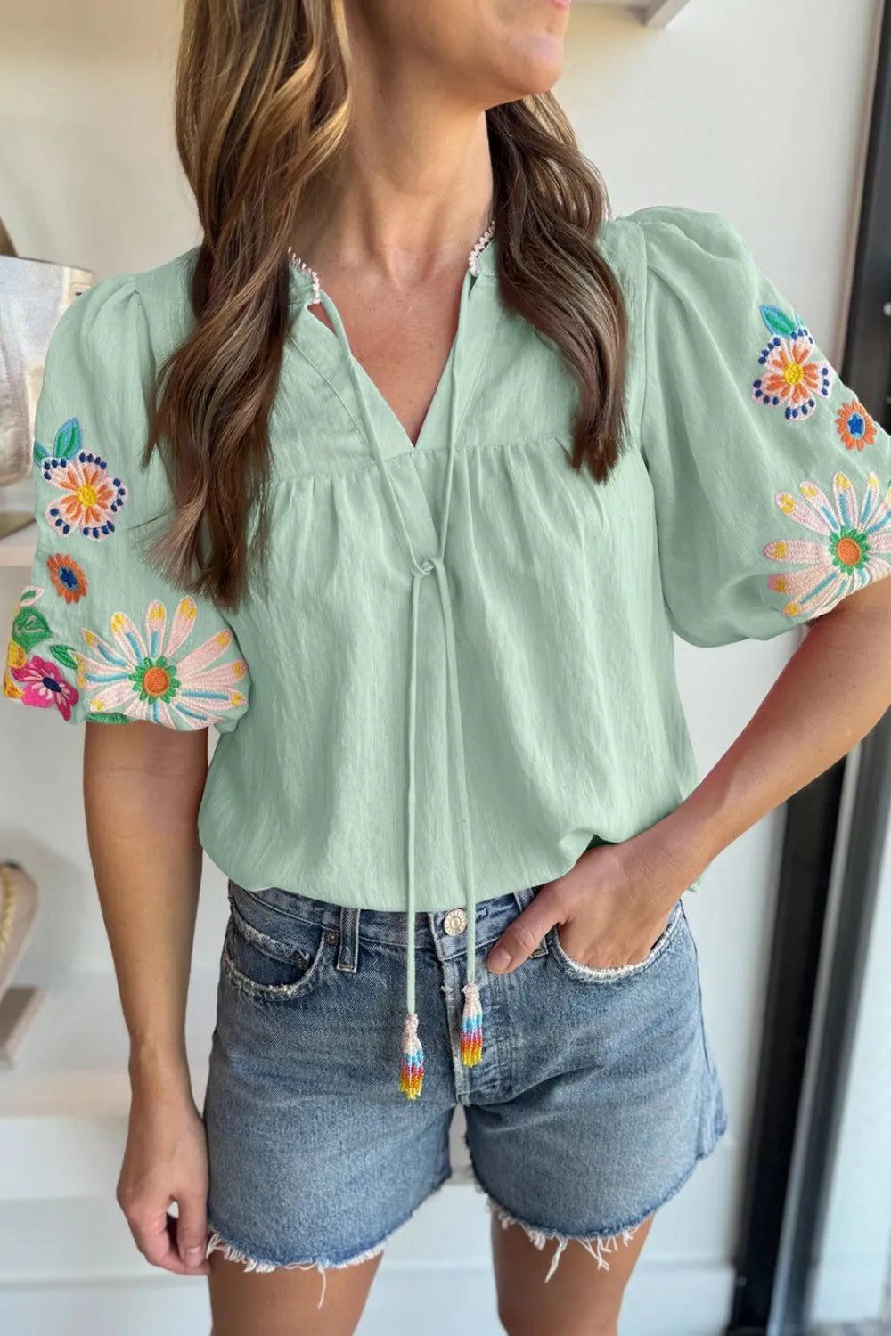Embroidered Tie Neck Short Sleeve Blouse Light Green
