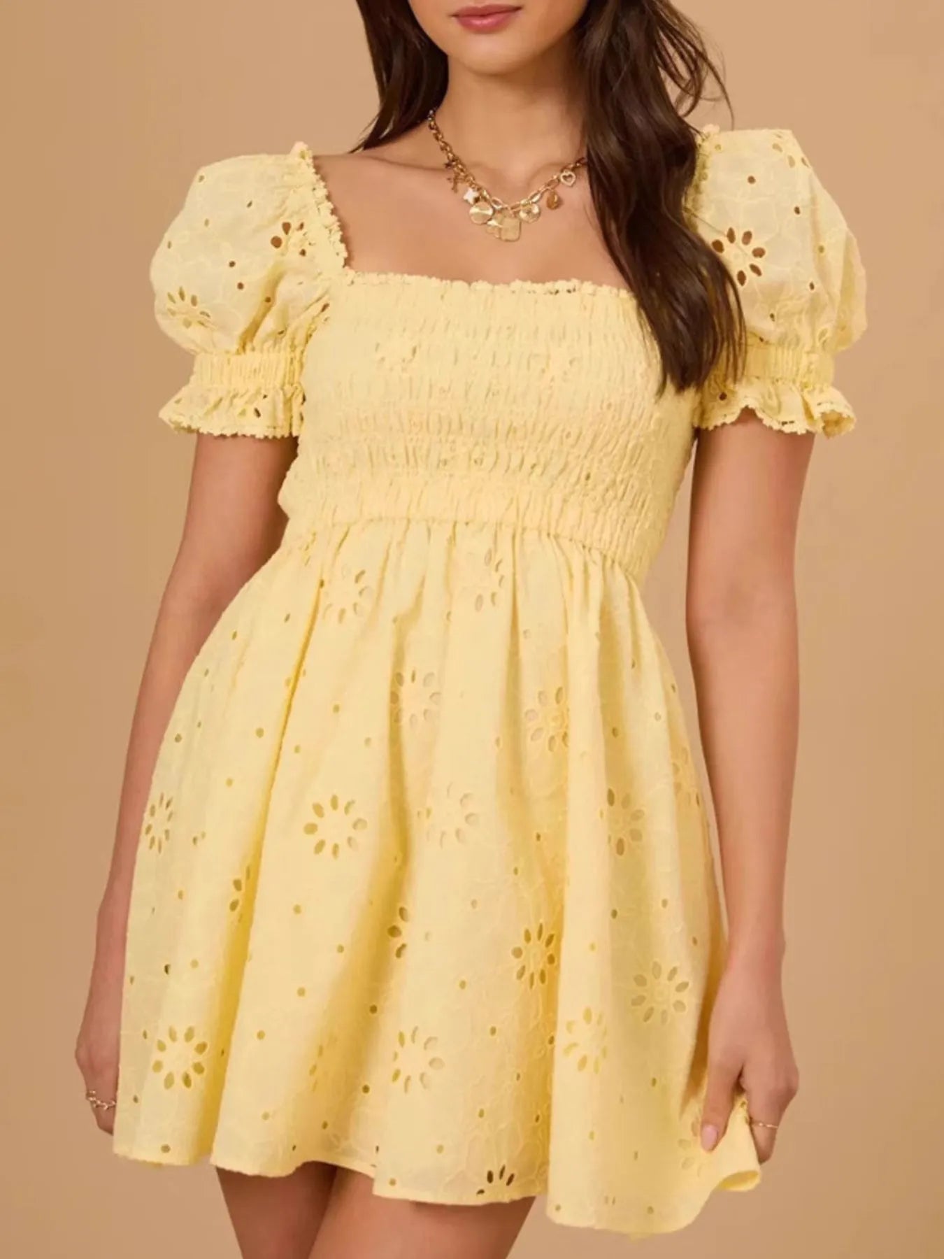 Eyelet Puff Sleeve Smocked Mini Dress Yellow