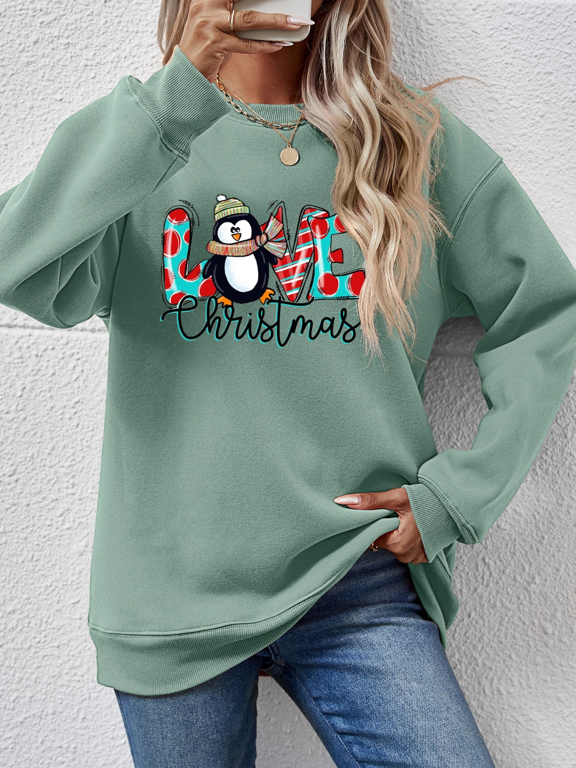 LIVE CHRISTMAS Drop Shoulder Round Neck Sweatshirt Sage
