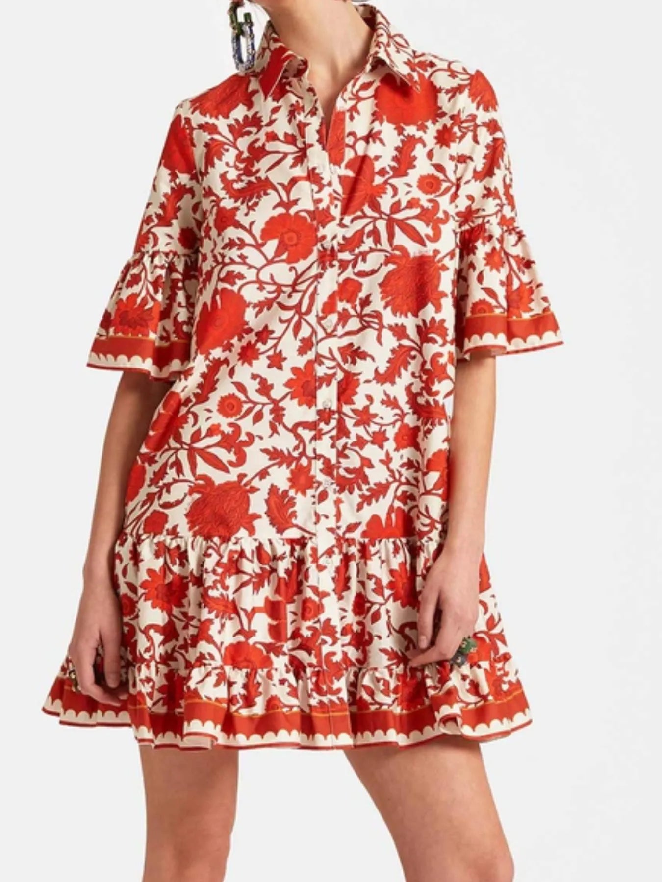 Floral Print Ruffle Sleeve Mini Dress Red