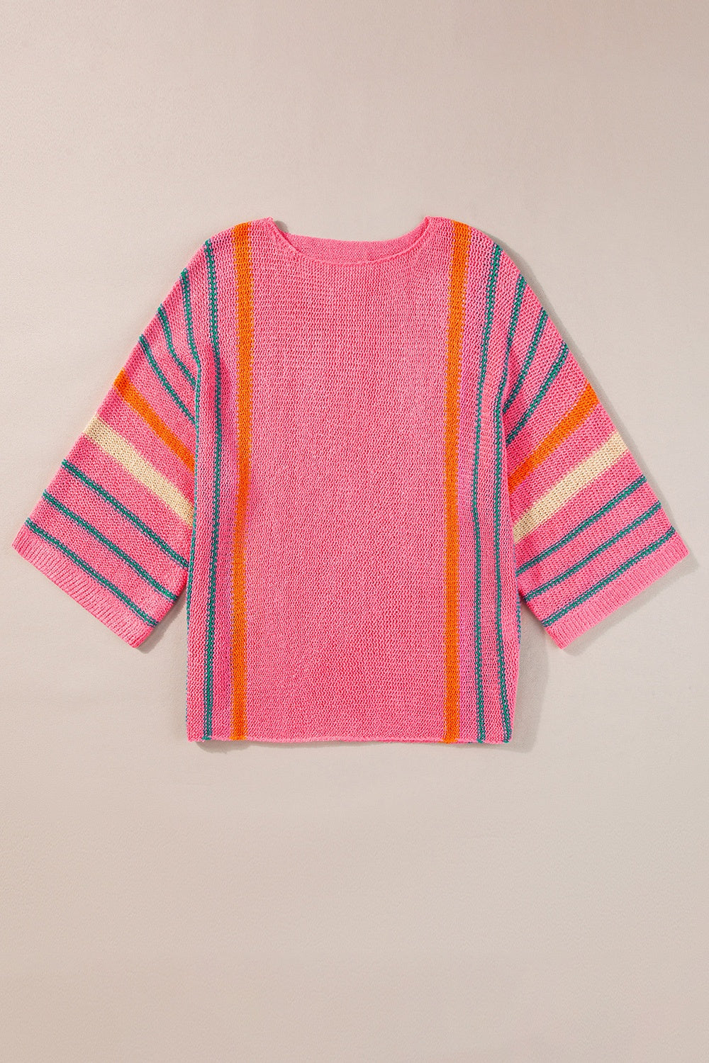 Striped Boat Neck Three-Quarter Sleeve Knit Top Strawberry