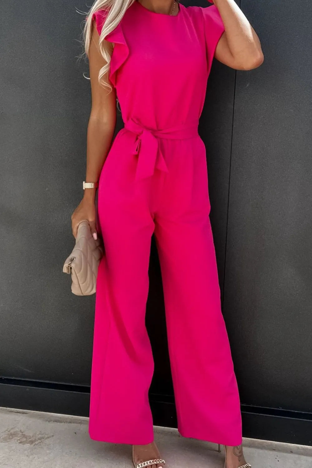 Round Neck Cap Sleeve Jumpsuit Strawberry