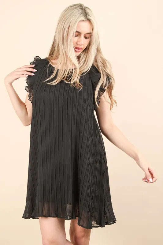 VERY J Plus Size Ruffle Sleeve Pleated Woven Mini Dress Black