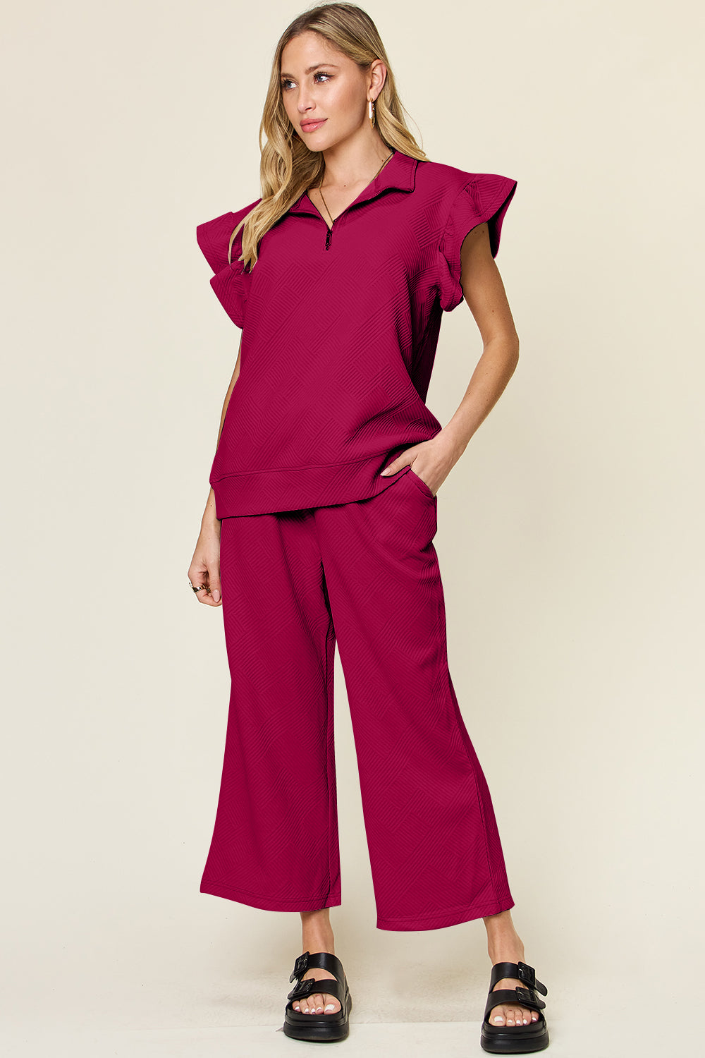 Double Take Texture Ruffle Short Sleeve Top and Drawstring Wide Leg Pants Set Deep Rose