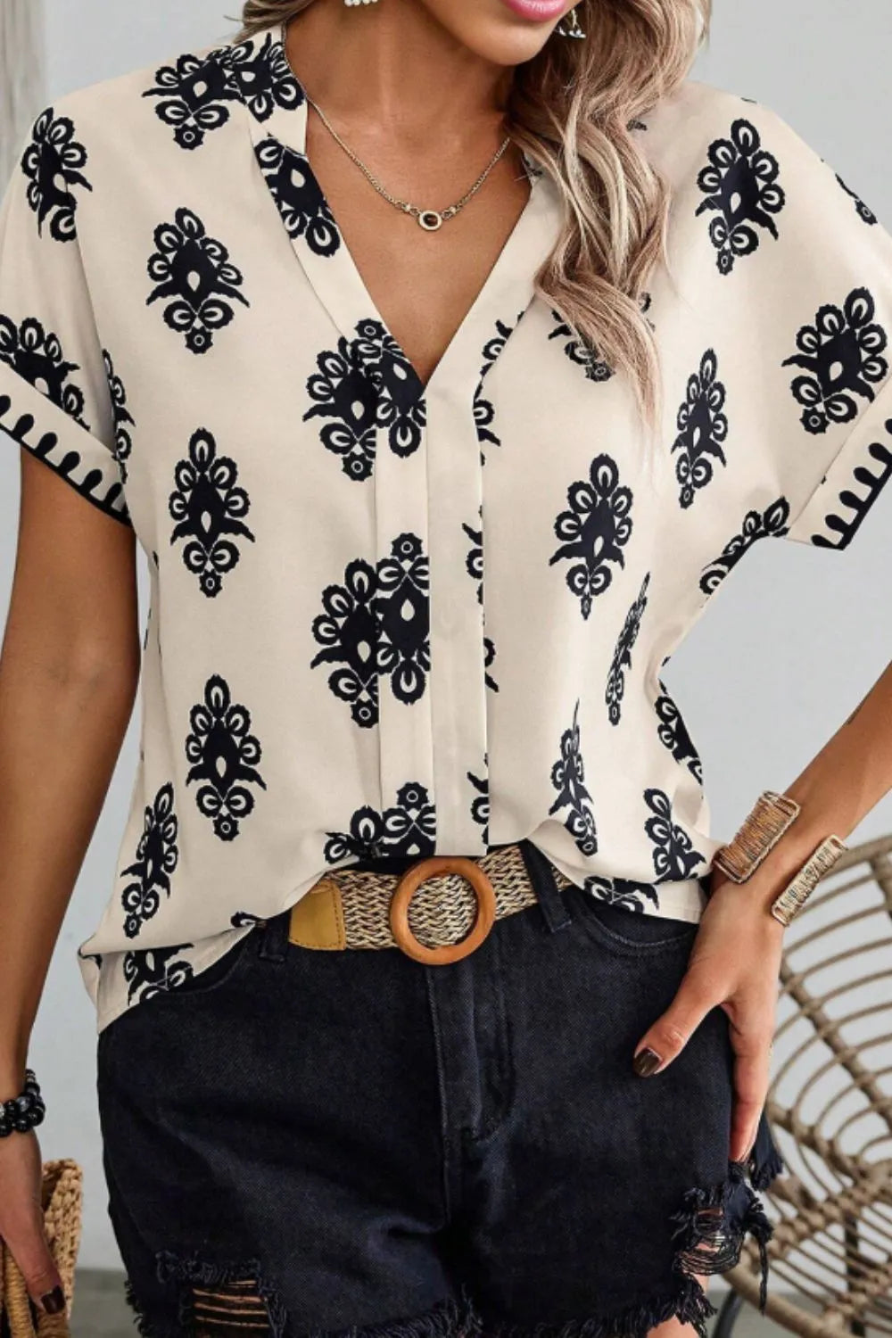 Printed Short Sleeve Loose Blouse