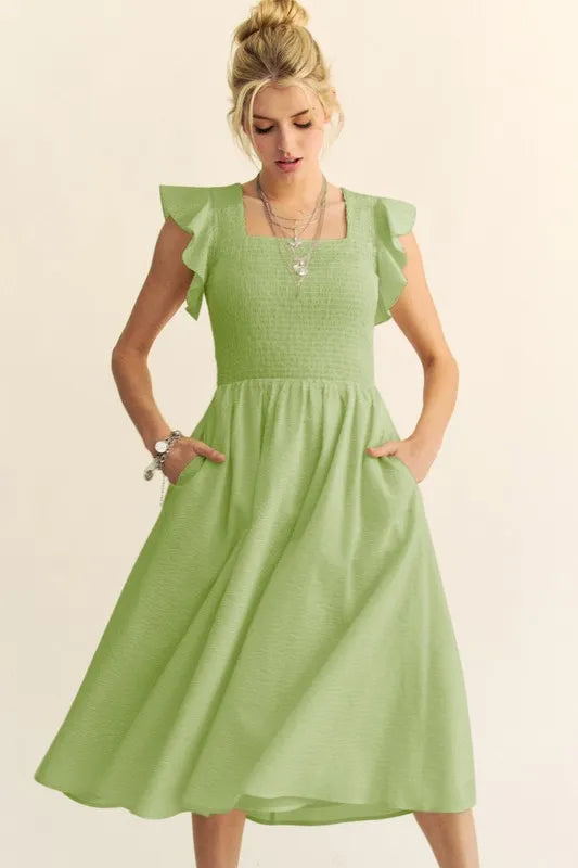 Davi & Dani Ruffled Cap Sleeve Smocked Mini Dress Sage Green