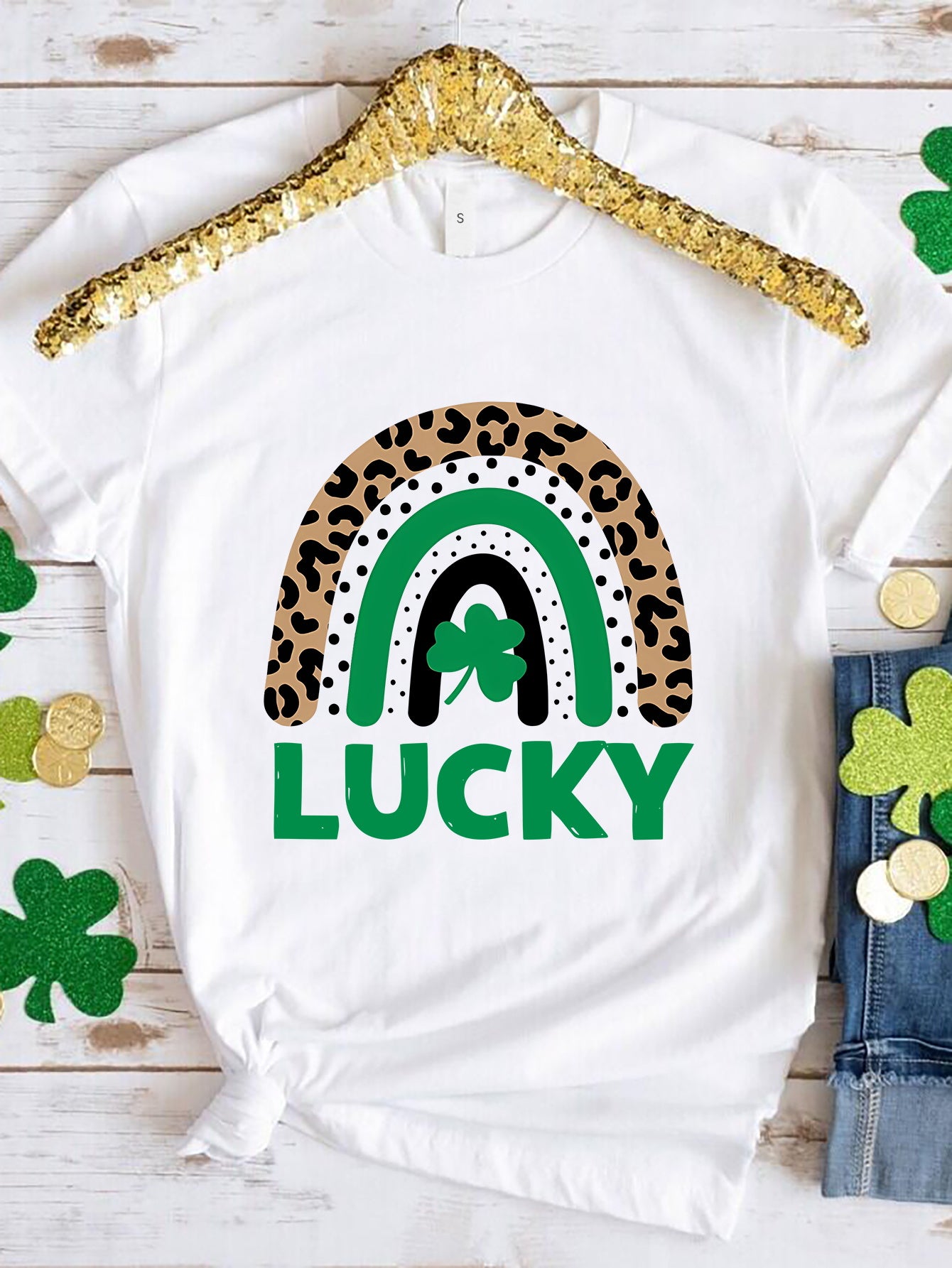 LUCKY Round Neck Short Sleeve T-Shirt White
