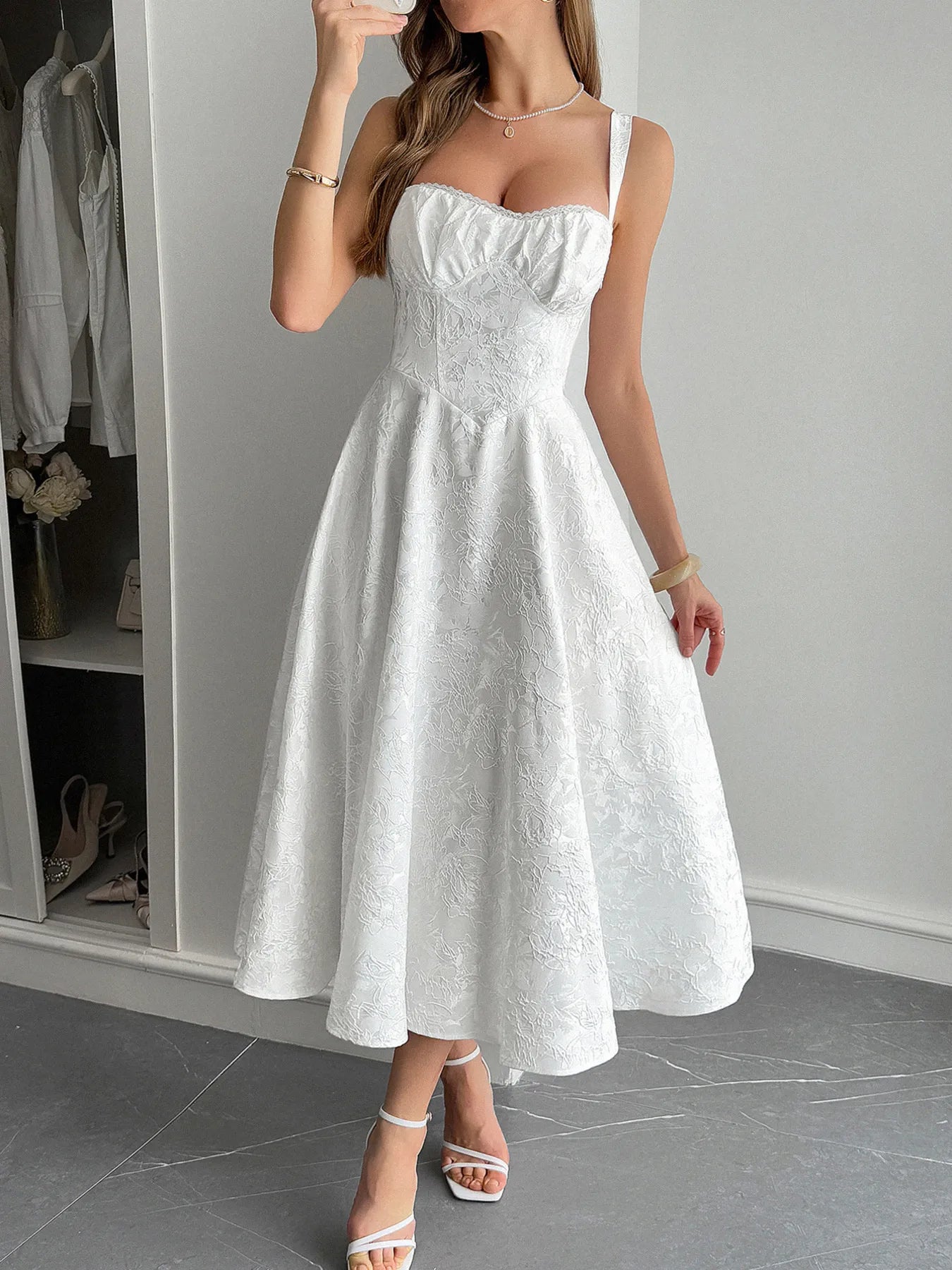 Lace-Up Sleeveless Midi Dress White