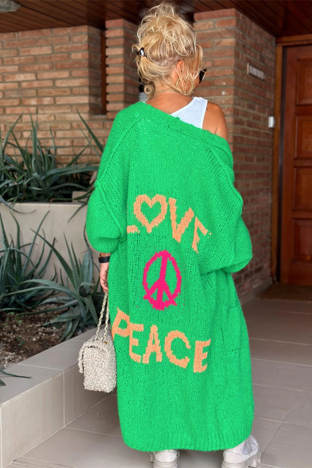 Letter Dropped Shoulder Long Sleeve Cardigan Green