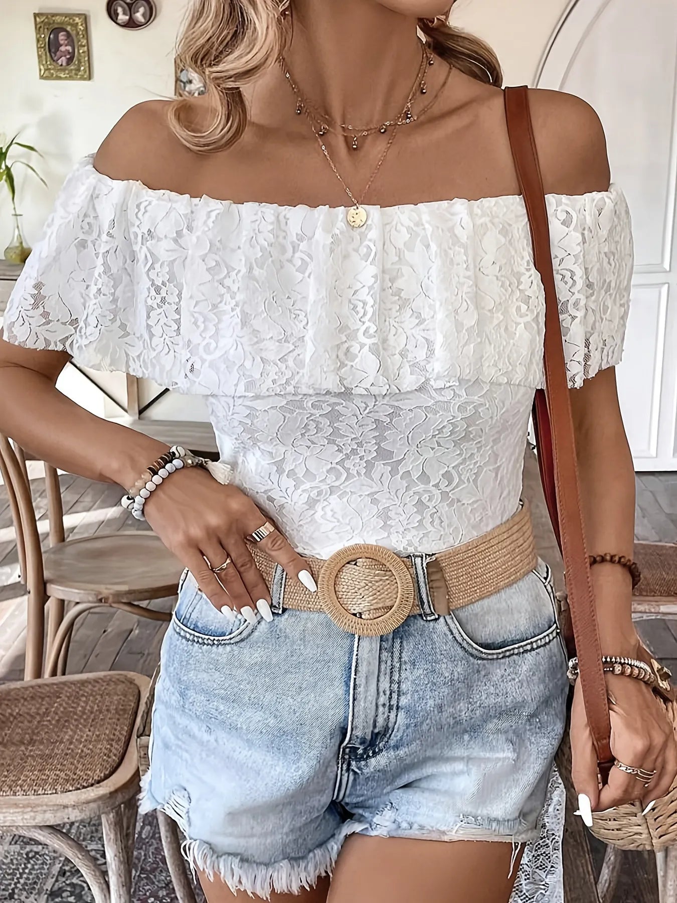 Off Shoulder Lace Ruffle Blouse