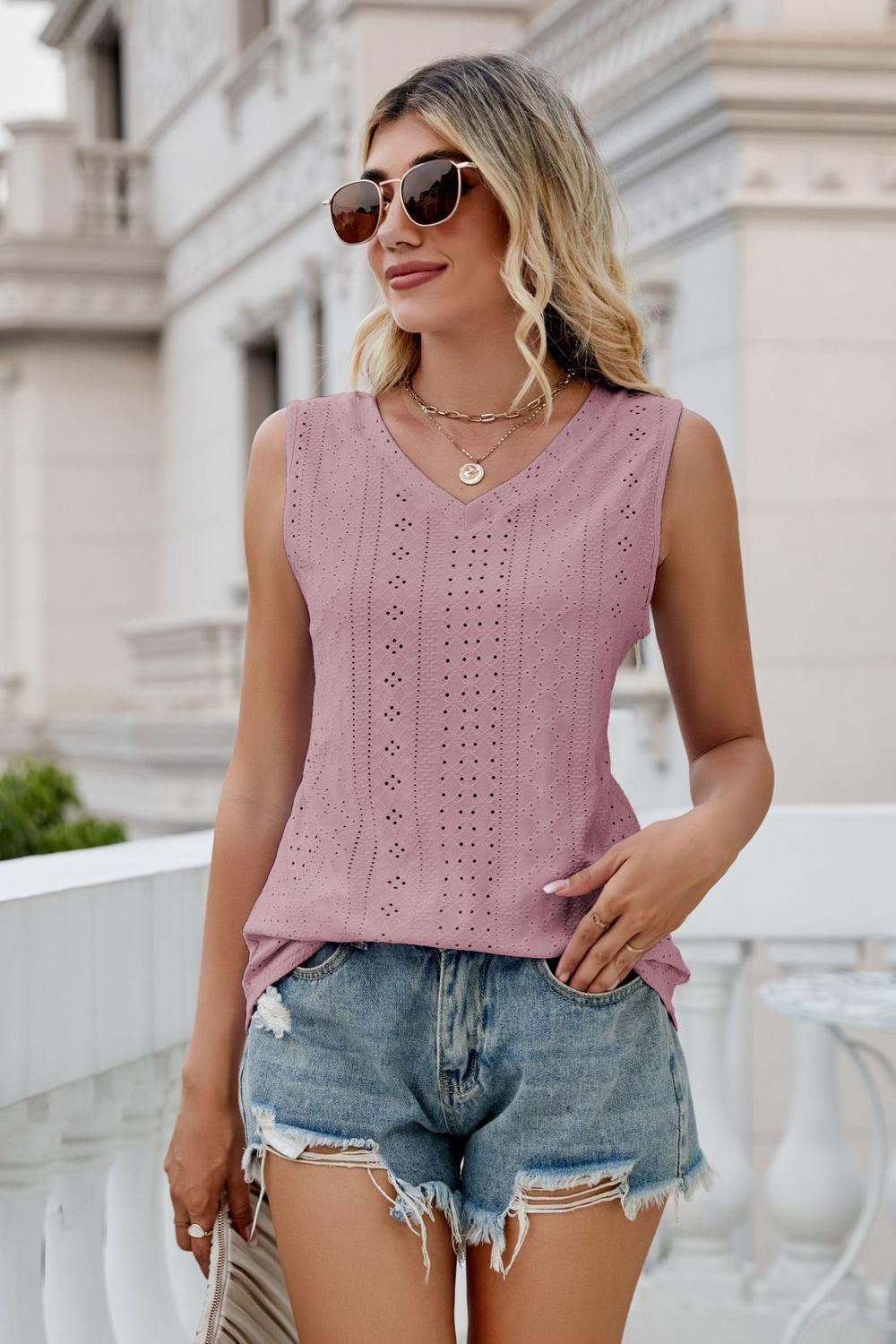 Eyelet V-Neck Tank Dusty Pink