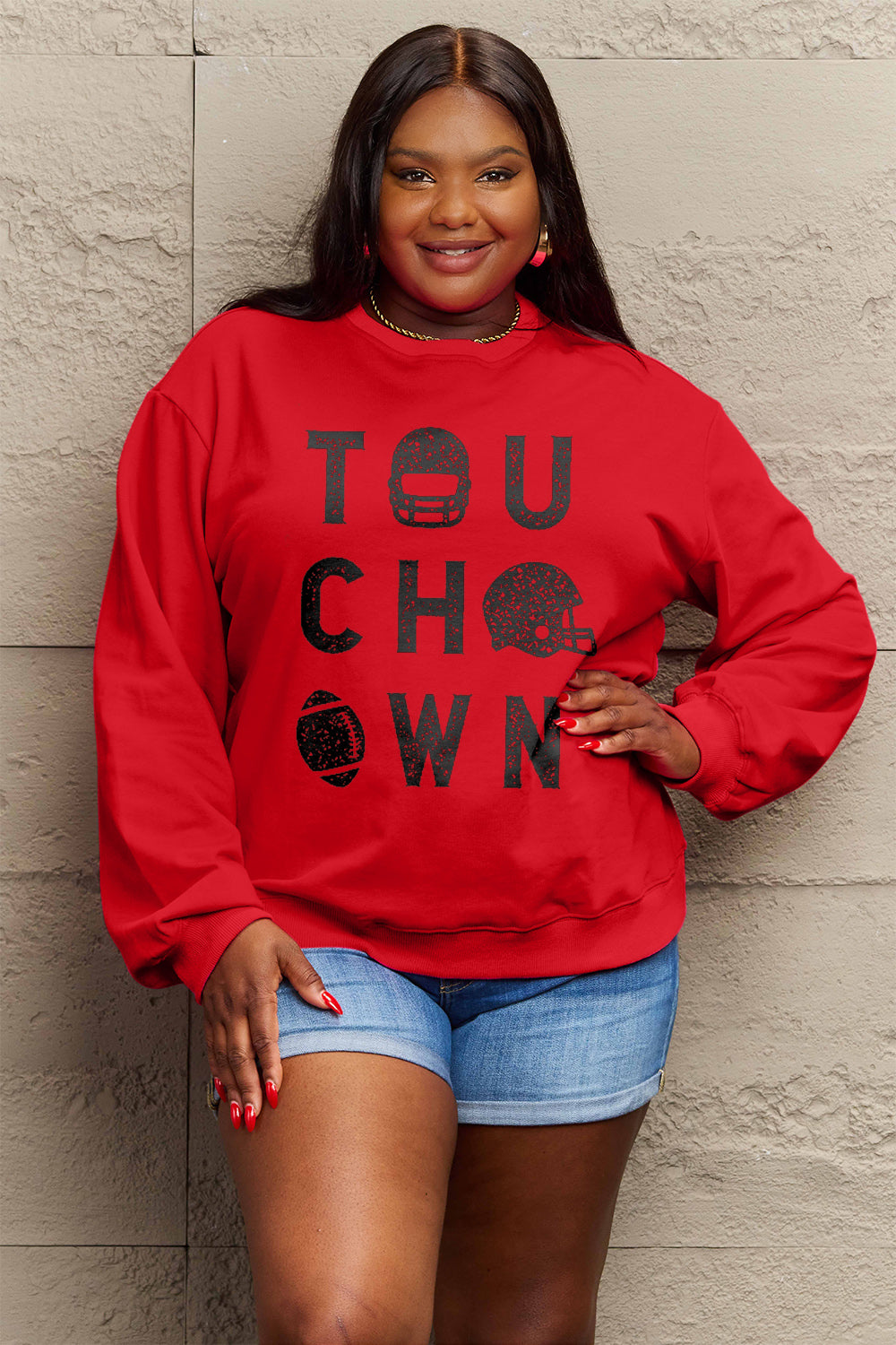 Simply Love Full Size TOUCHDOWN Long Sleeve Sweatshirt Deep Red