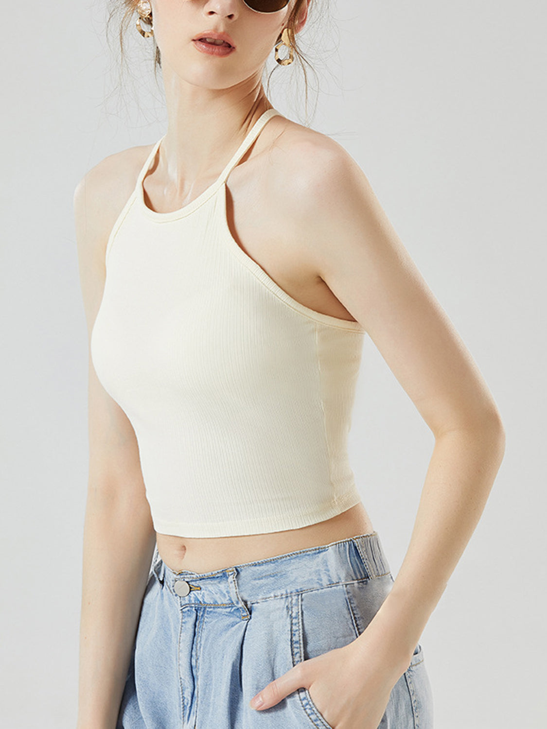 Grecian Neck Cropped Tank with Chest Pads Cream