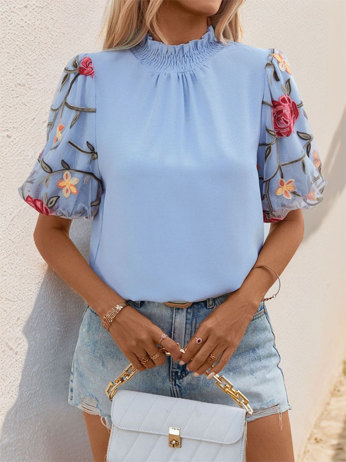 Perfee Embroidered Mock Neck Puff Sleeve Blouse Light Blue