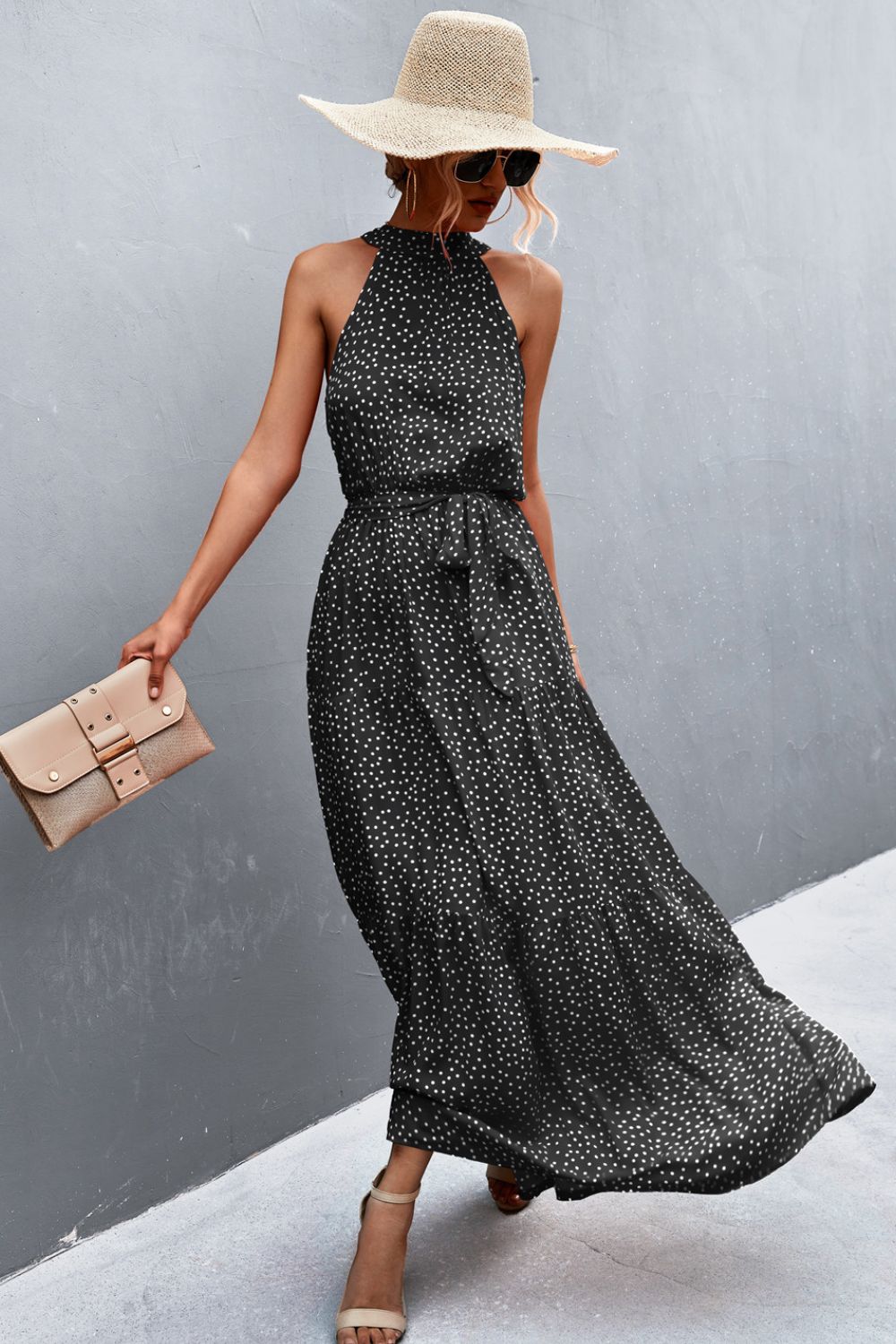Printed Sleeveless Tie Waist Maxi Dress Black