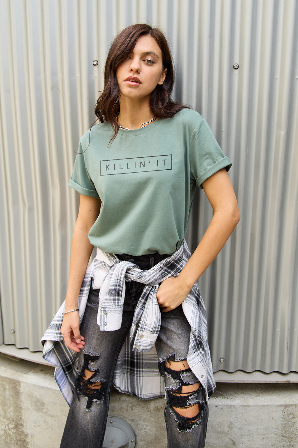 Simply Love Full Size KILLIN'IT Short Sleeve T-Shirt Sage