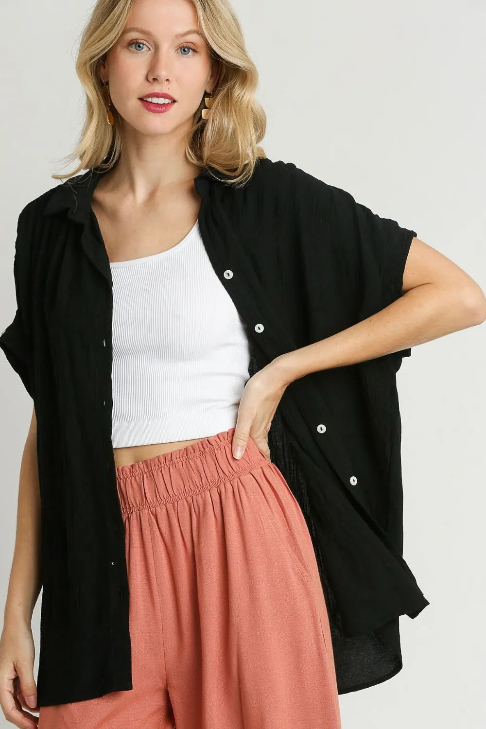 Umgee Full Size Textured Button Down Short Sleeve Shirt Plus Size Black