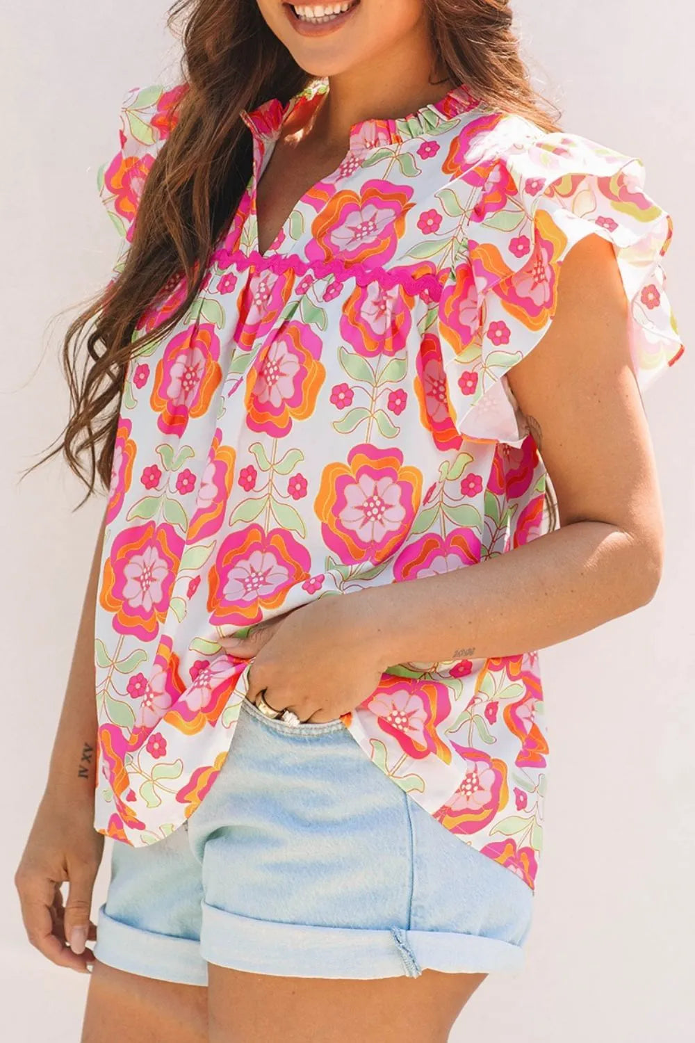 Floral Ruffled Sleeve Ric-Rac Trim Split Neck Loose Blouse