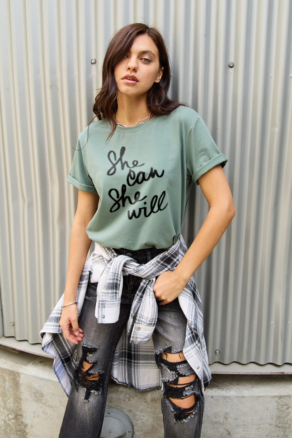 Simply Love Full Size SHE CAN SHE WILL Short Sleeve T-Shirt Sage
