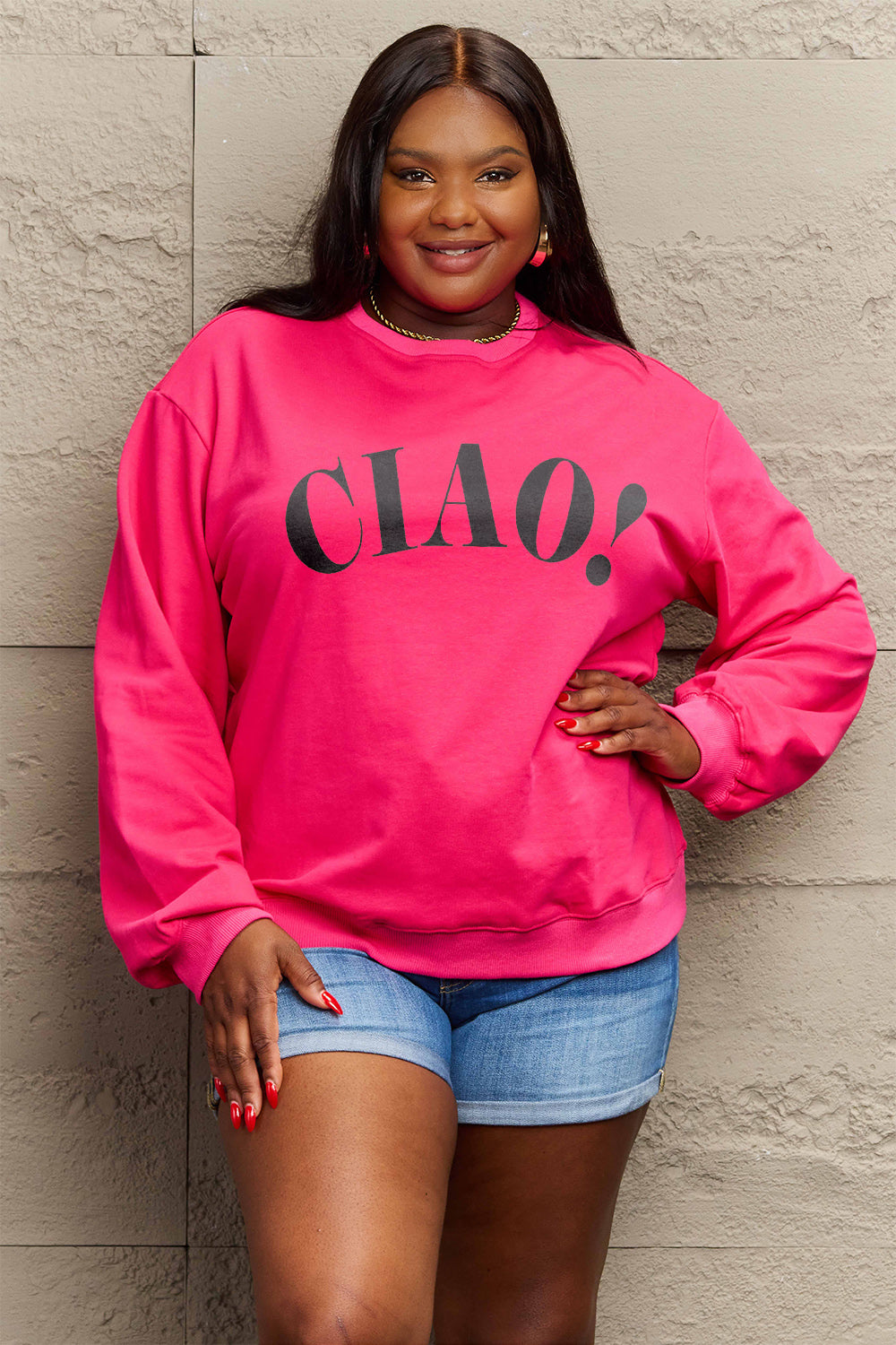 Simply Love Full Size CIAO!Round Neck Sweatshirt Hot Pink