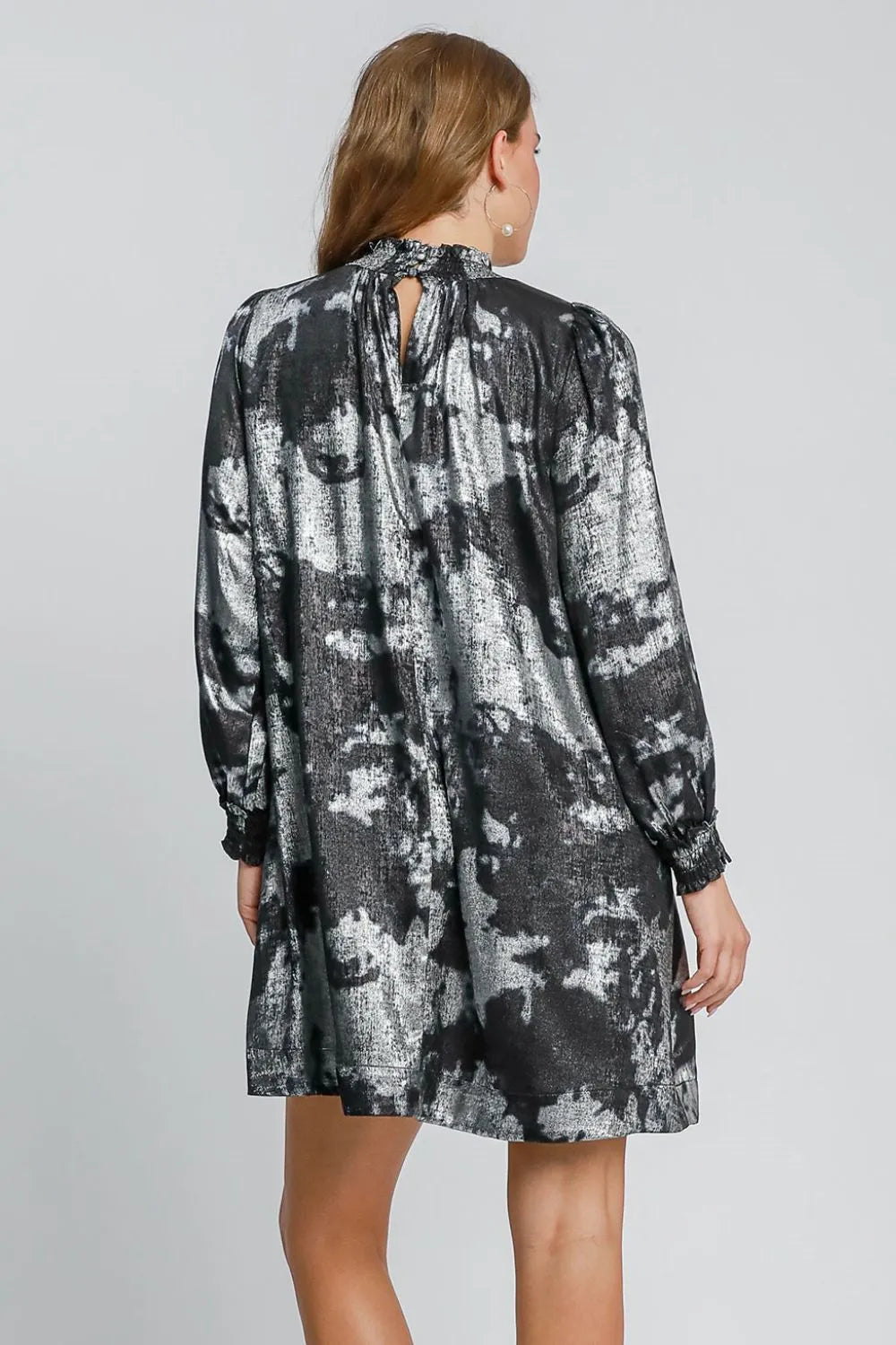 Umgee Full Size Mock Neck Flounce Sleeve Metallic Dress Plus Size