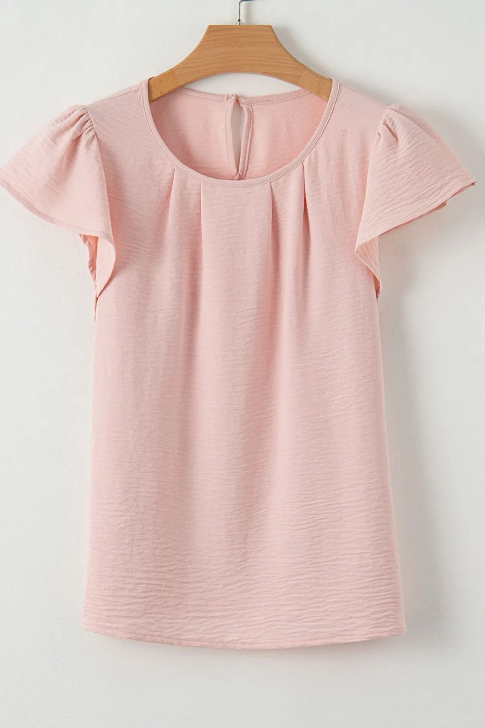 Solid Color Flounce Sleeve Pleated Round Neck Blouse