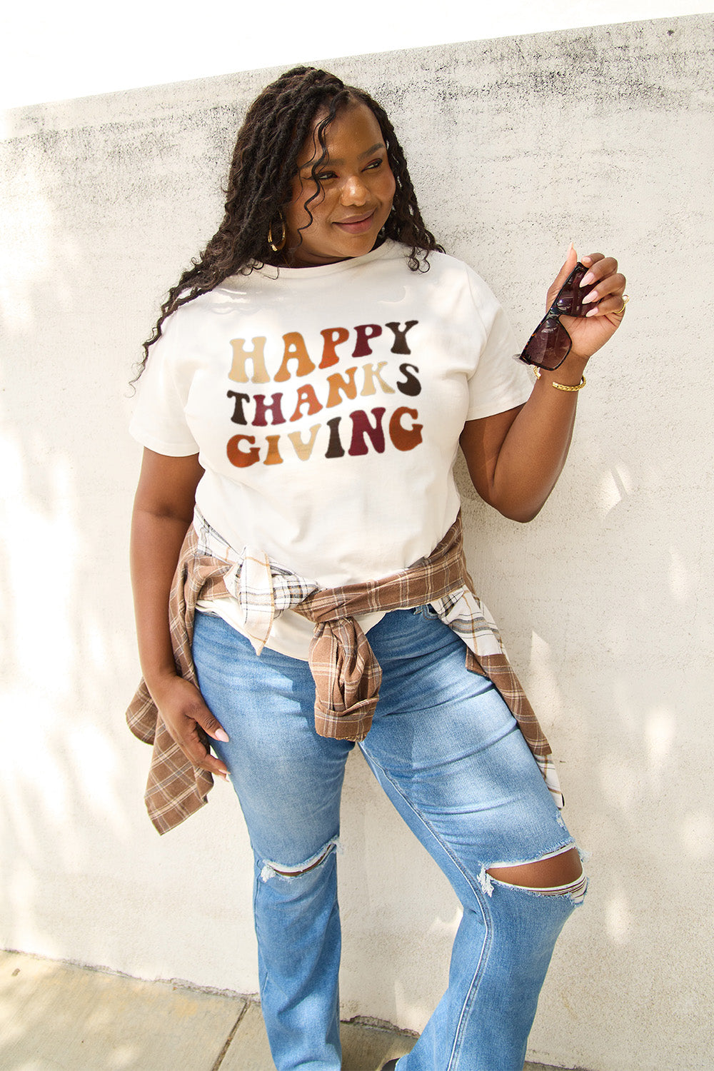 Simply Love Full Size HAPPY THANKS GIVING Short Sleeve T-Shirt White