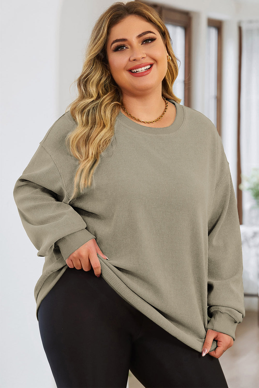 Plus Size Round Neck Dropped Shoulder Sweatshirt Sage
