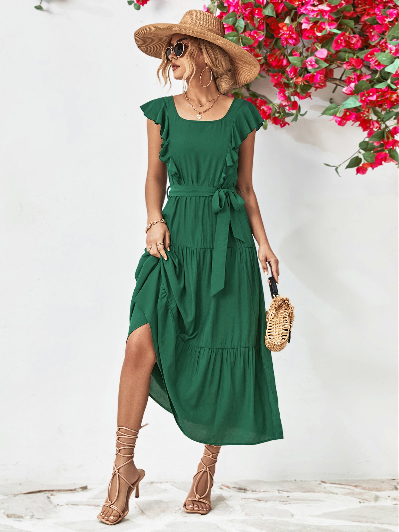 Tie Belt Ruffled Tiered Dress Forest