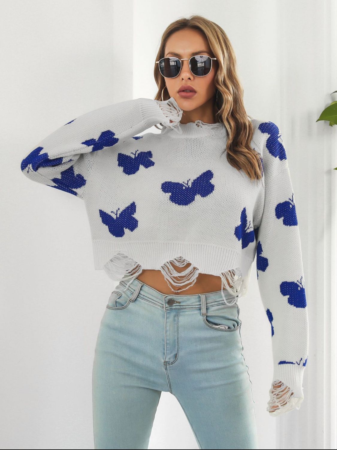 Distressed Butterfly Cropped Sweater White