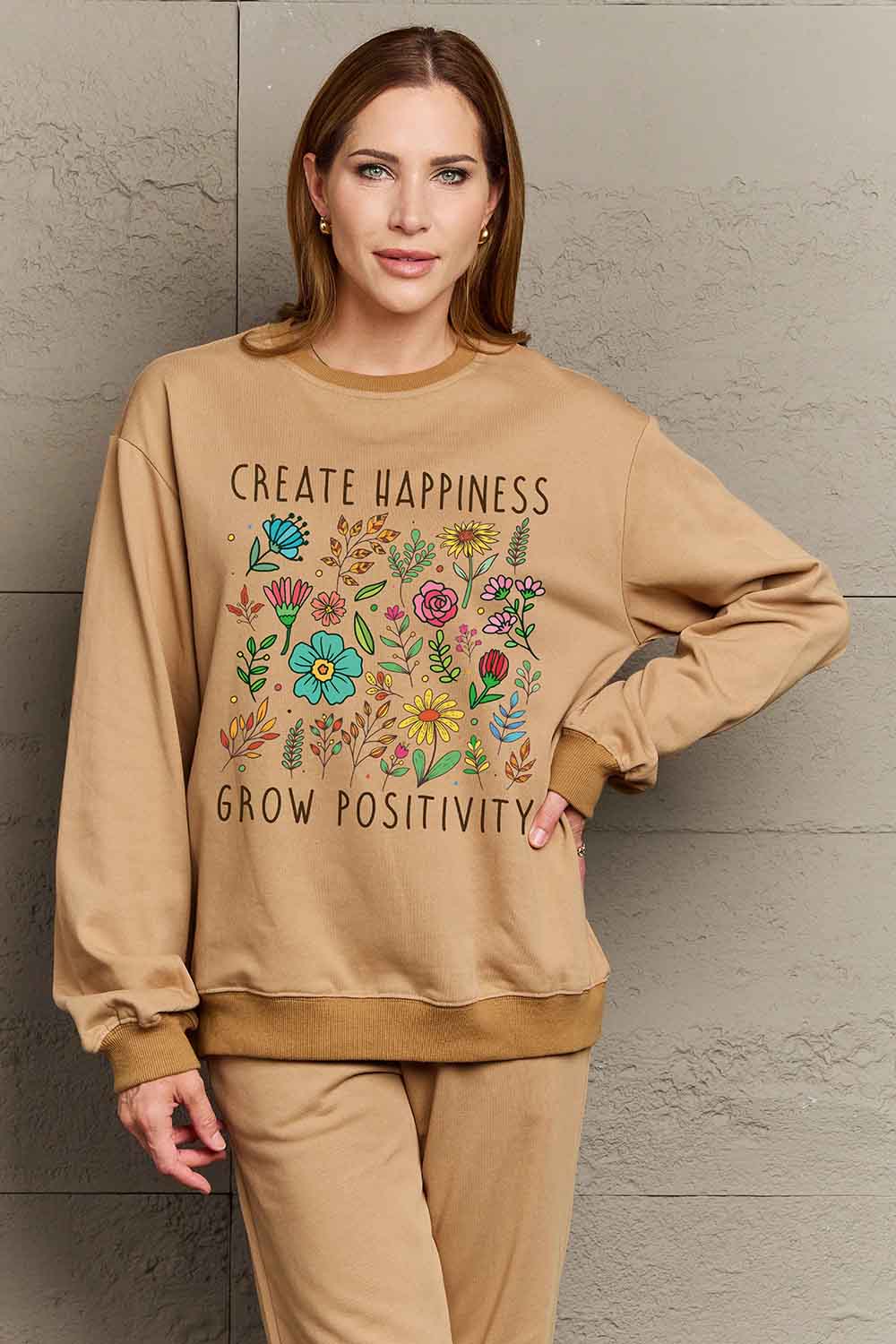Simply Love Full Size CREATE HAPPINESS GROW POSITIVITY Graphic Sweatshirt