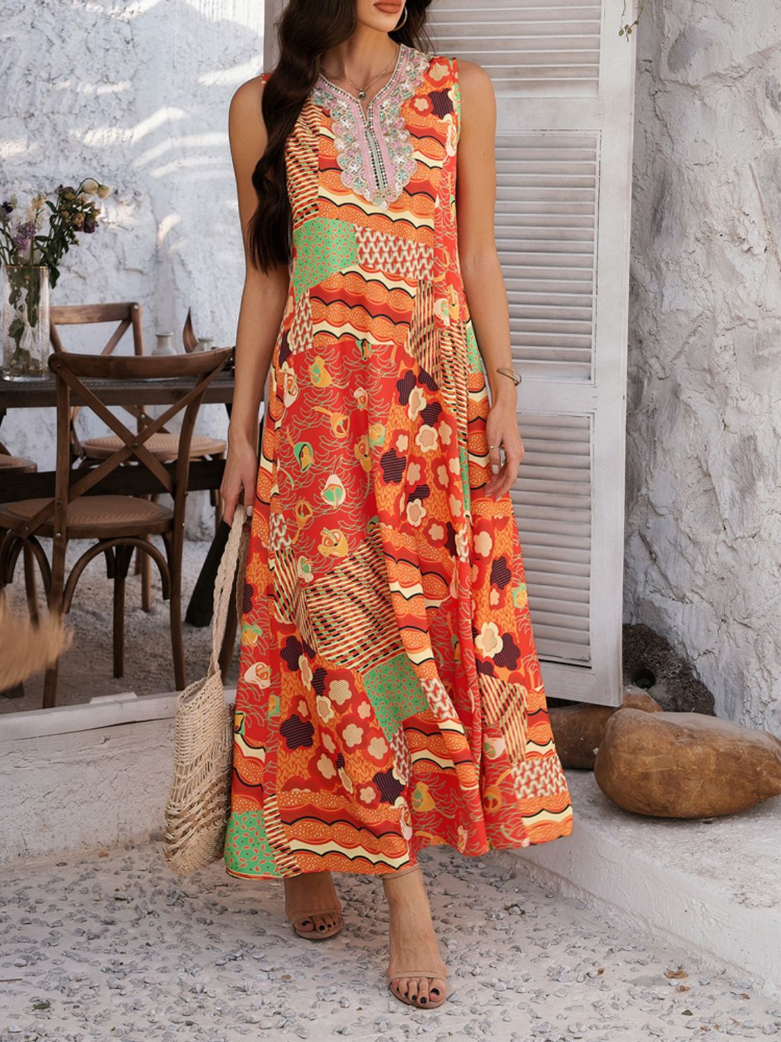 Devine Printed Sleeveless Maxi Dress Tangerine