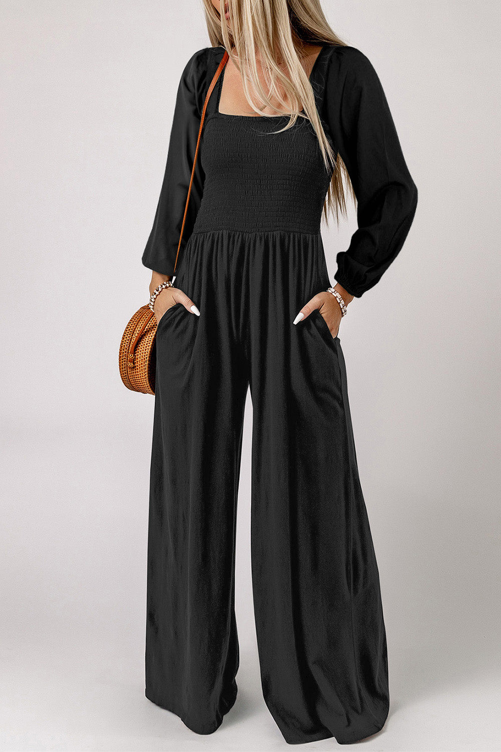 Square Neck Raglan Sleeve Jumpsuit with Pocket Black