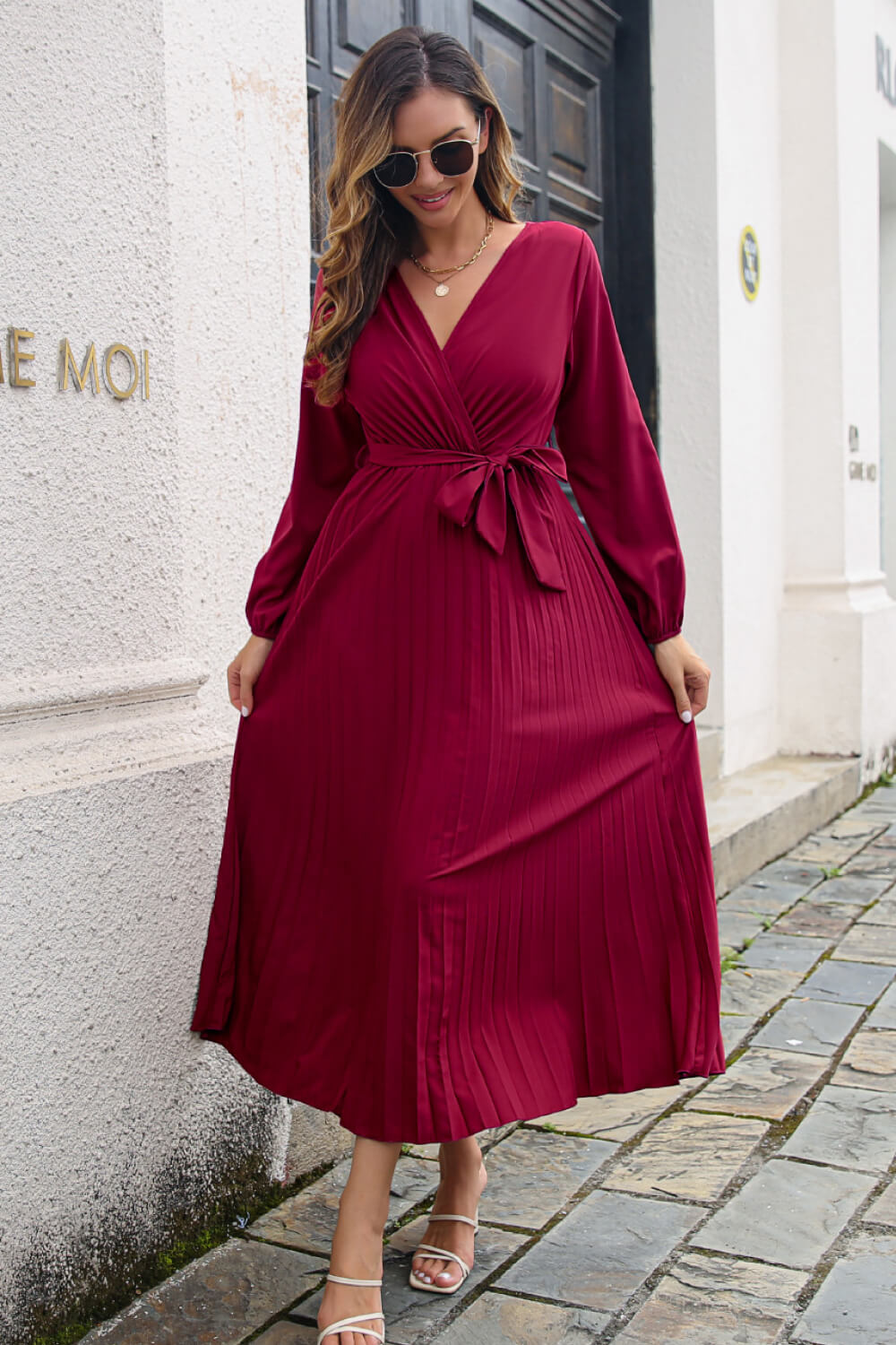 Pleated Long Sleeve Surplice Maxi Dress Wine