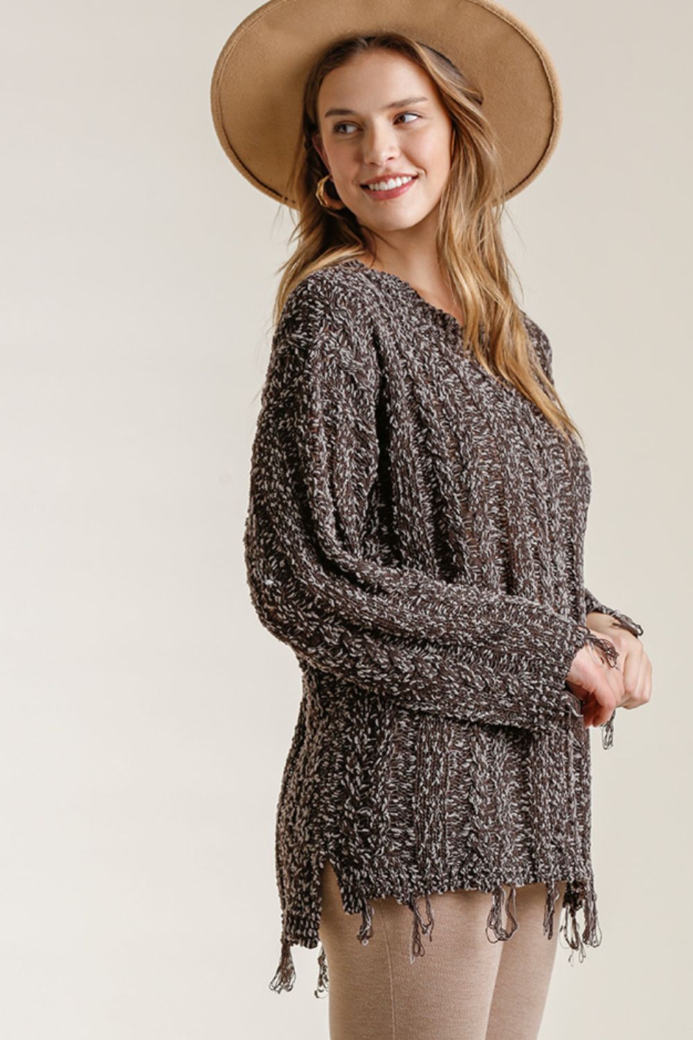 Umgee Full Size Frayed Hem Cable Knit Round Neck Sweater Plus Size