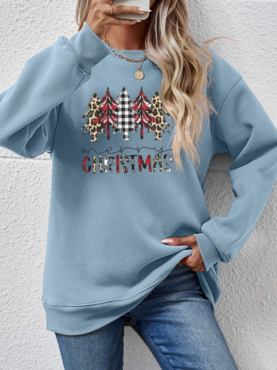 MERRY CHRISTMAS Round Neck Long Sleeve Sweatshirt Misty Blue