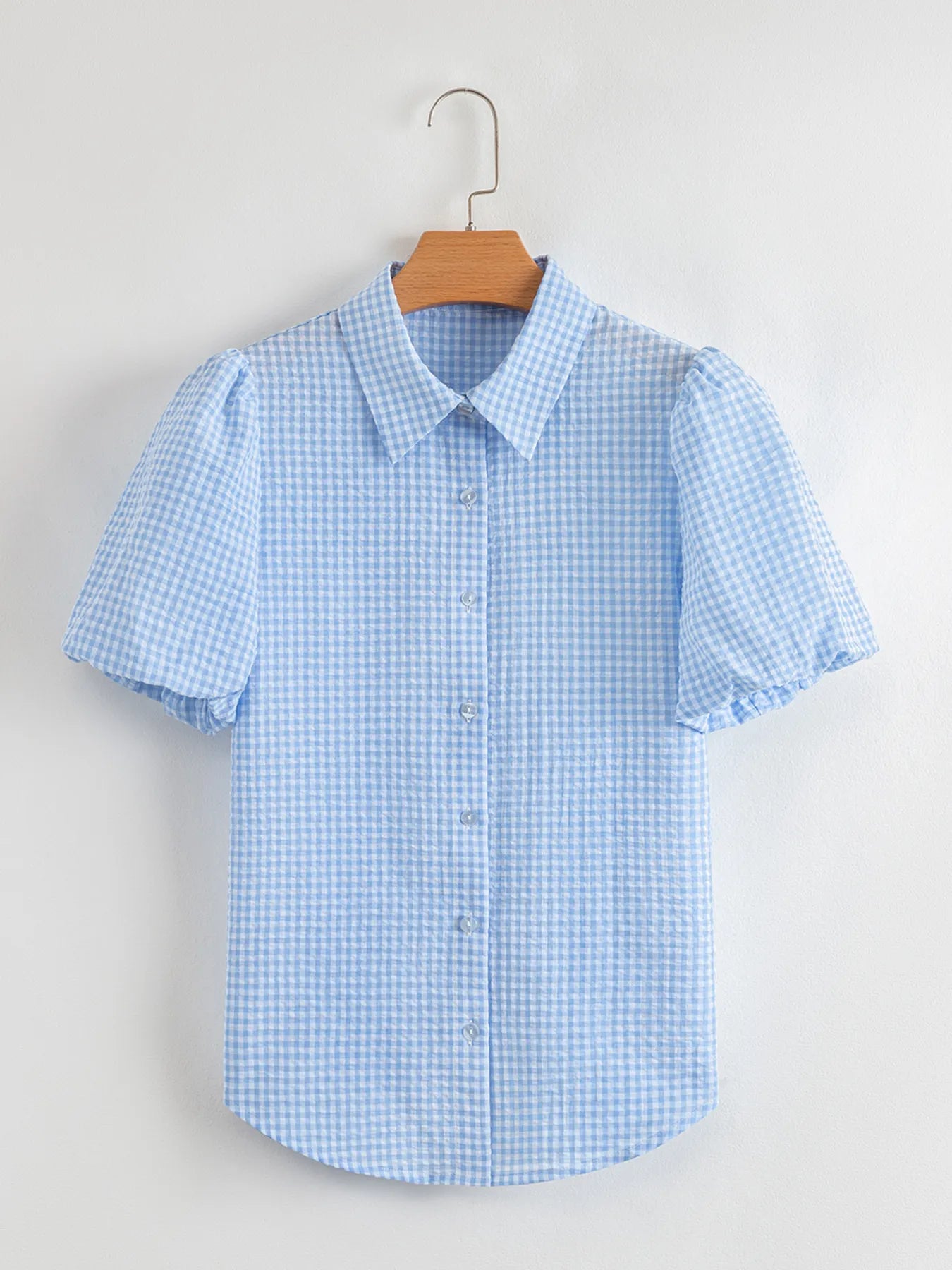 Gingham Print Puff Sleeve Button-Up Shirt