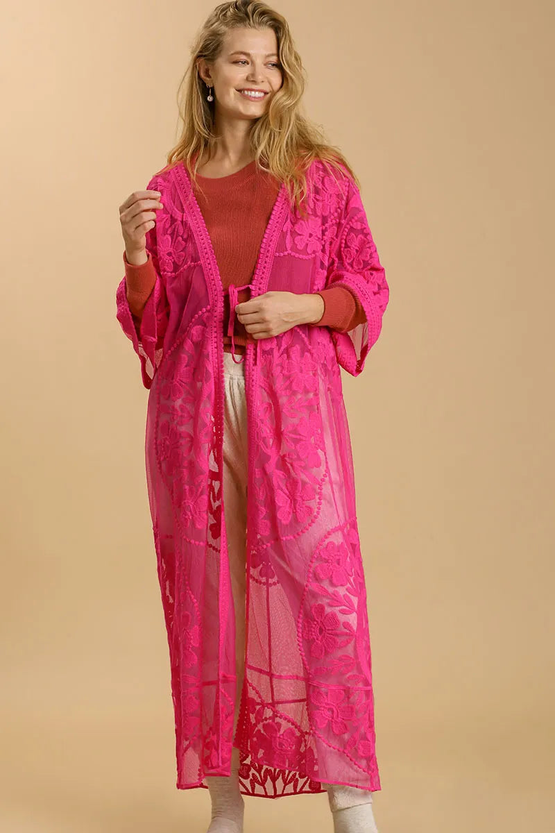 Umgee Full Size Floral Lace Open Front Long Kimono with Waist Tie Plus Size Hot Pink