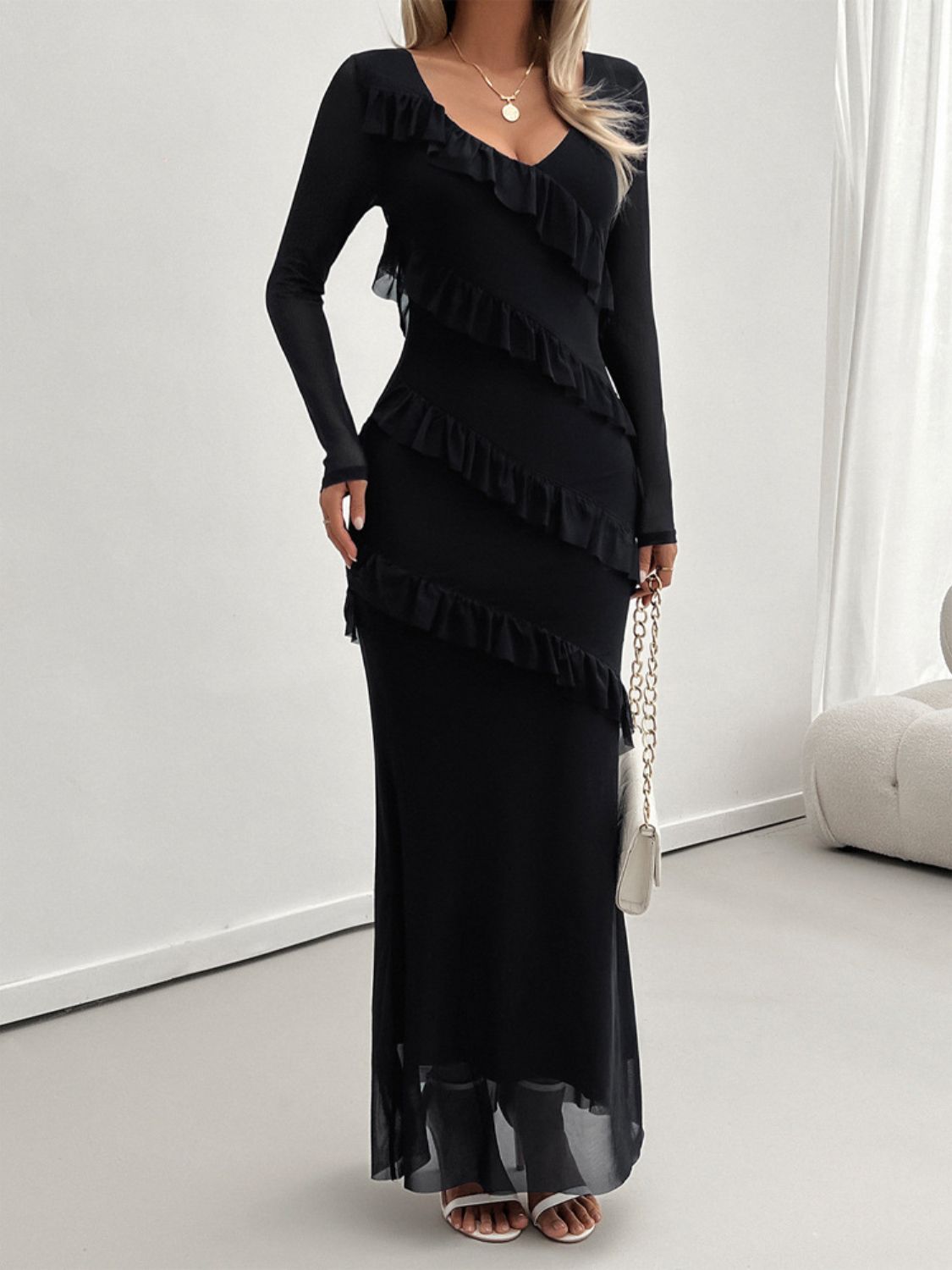 Devine Ruffled Surplice Long Sleeve Maxi Dress Black