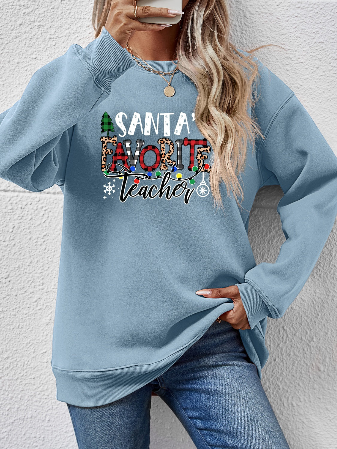 Letter Graphic Sweatshirt Misty Blue