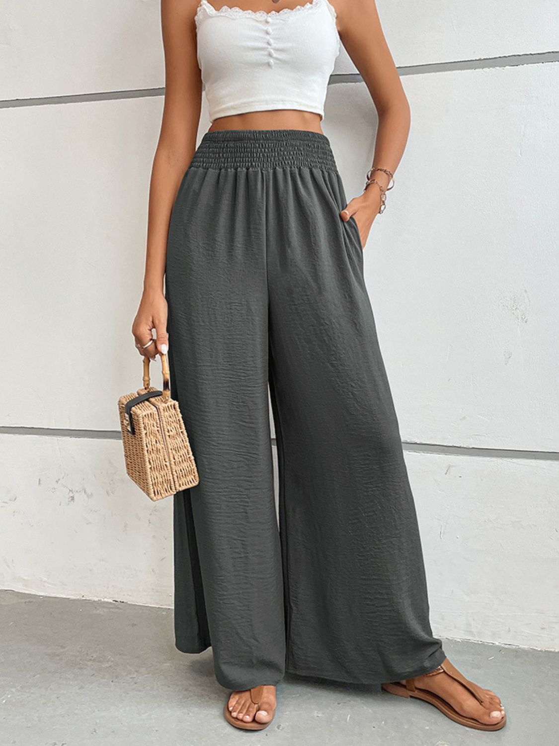 Perfee Wide Waistband Relax Fit Long Pants Dark Gray