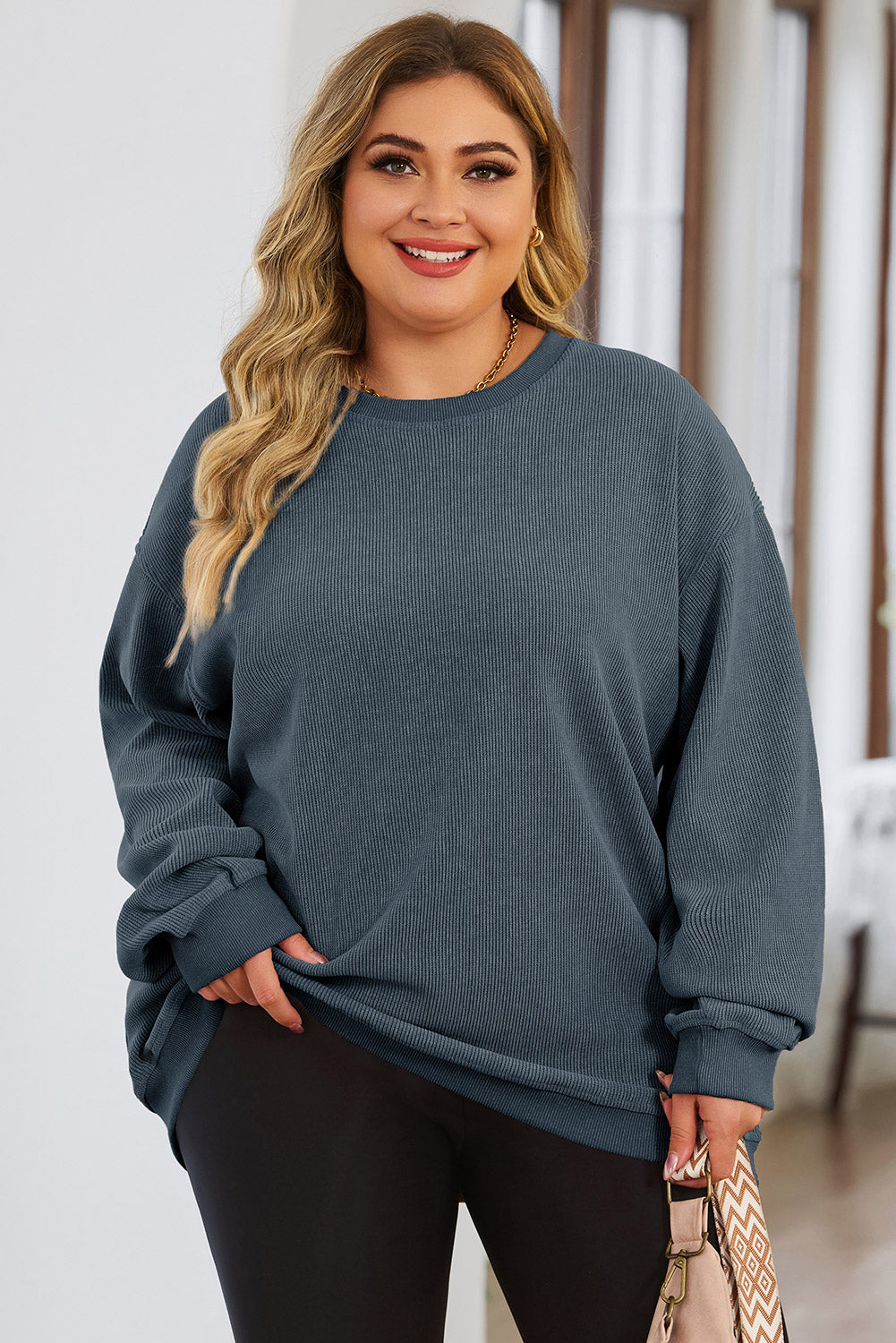 Plus Size Round Neck Dropped Shoulder Sweatshirt French Blue