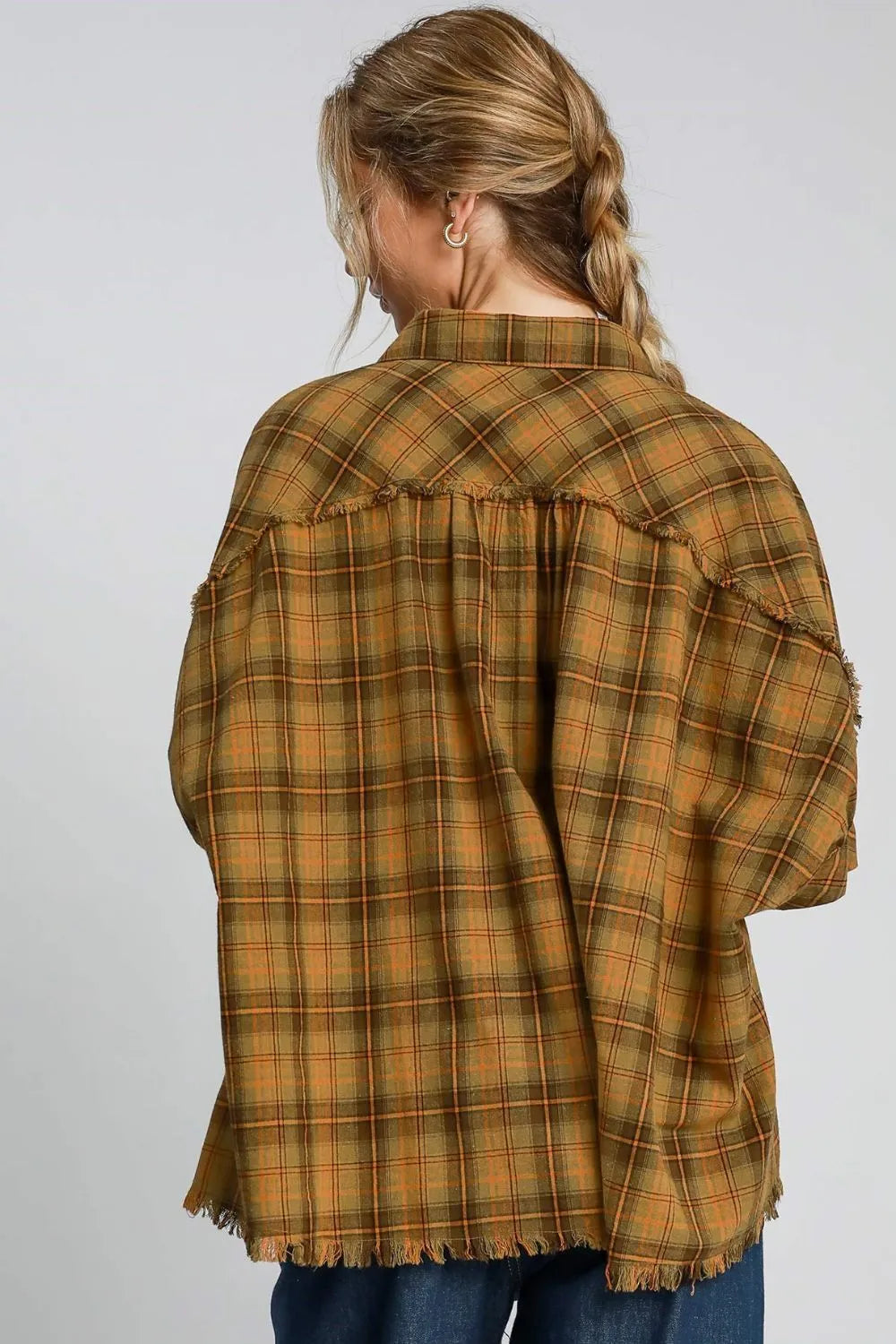 Umgee Full Size Raw Hem Plaid Collared Neck Half Sleeve Shirt Plus Size