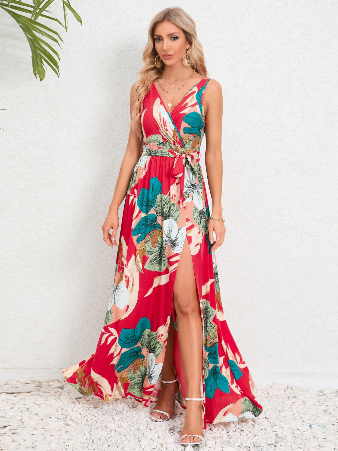 Slit Tied Printed Surplice Dress Red