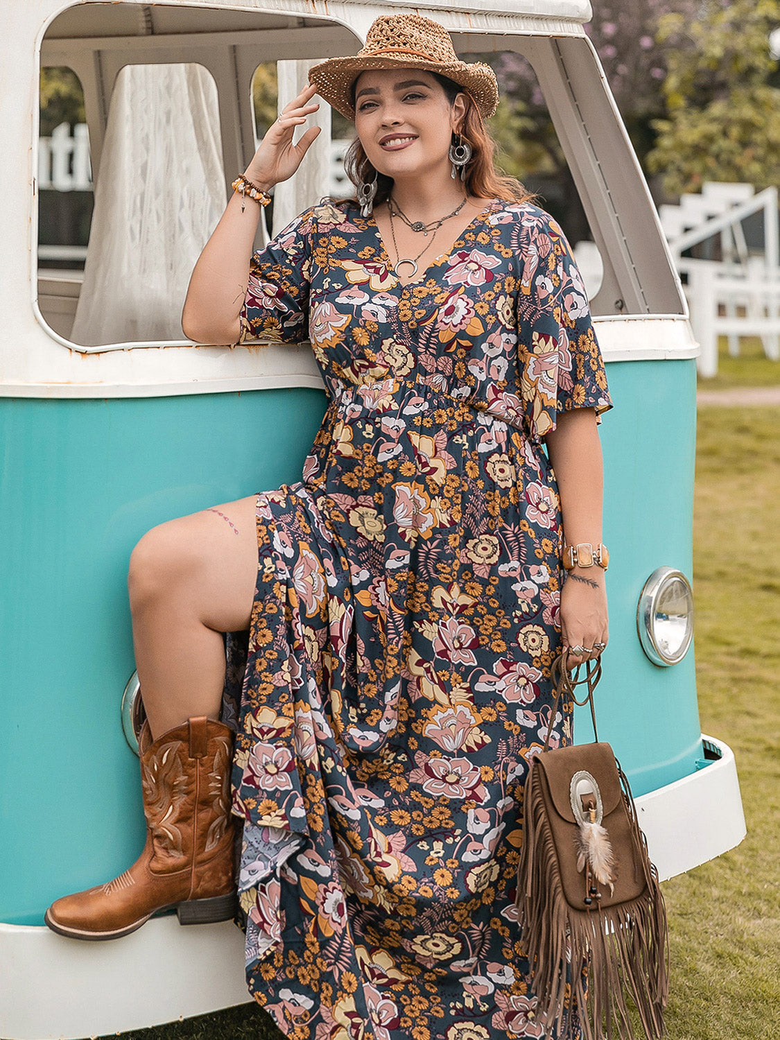 Floral V-Neck Short Sleeve Slit Dress Multicolor
